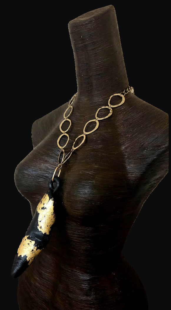 Blackened Driftwood and Gold Leaf Foil Statement Pendant - Androgynous