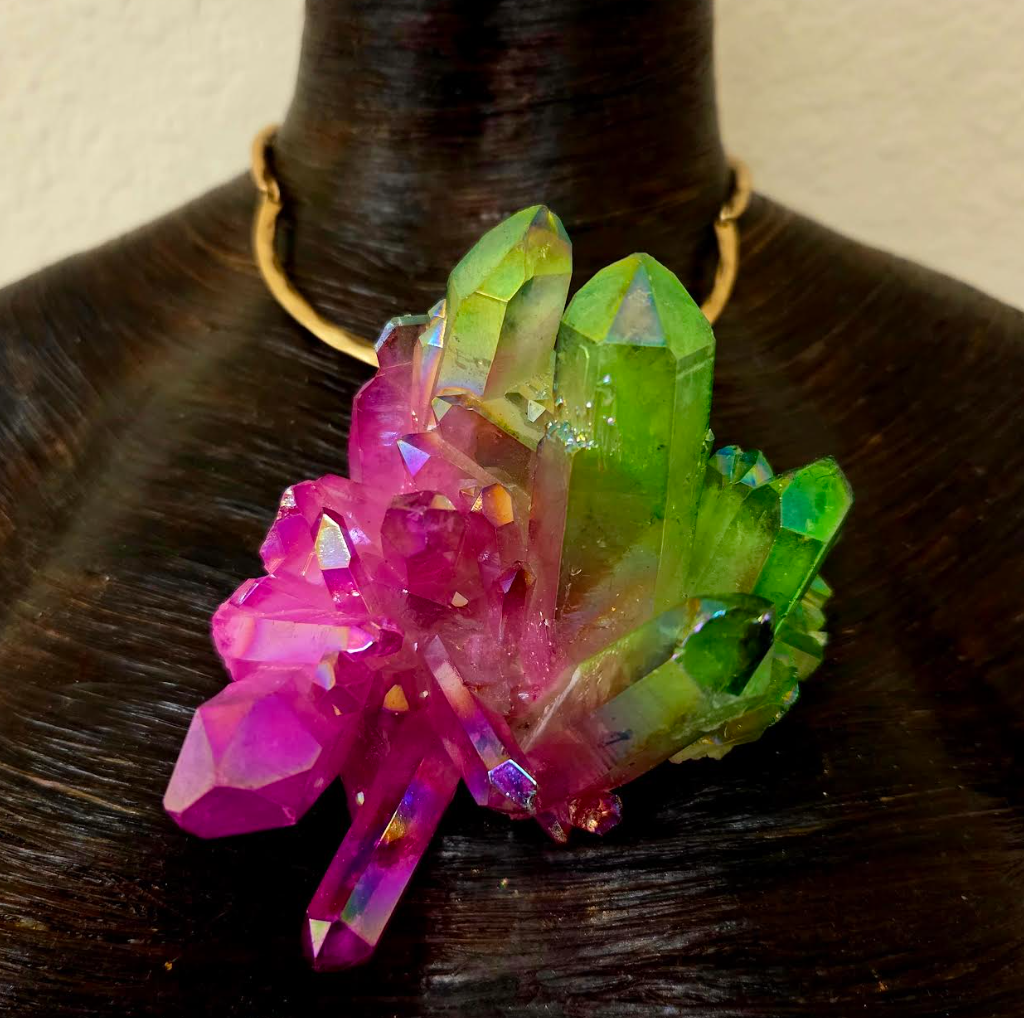 Fuchsia & Lime Green Rough Aura Quartz Pendant on a Hammered Gold Tone Torc