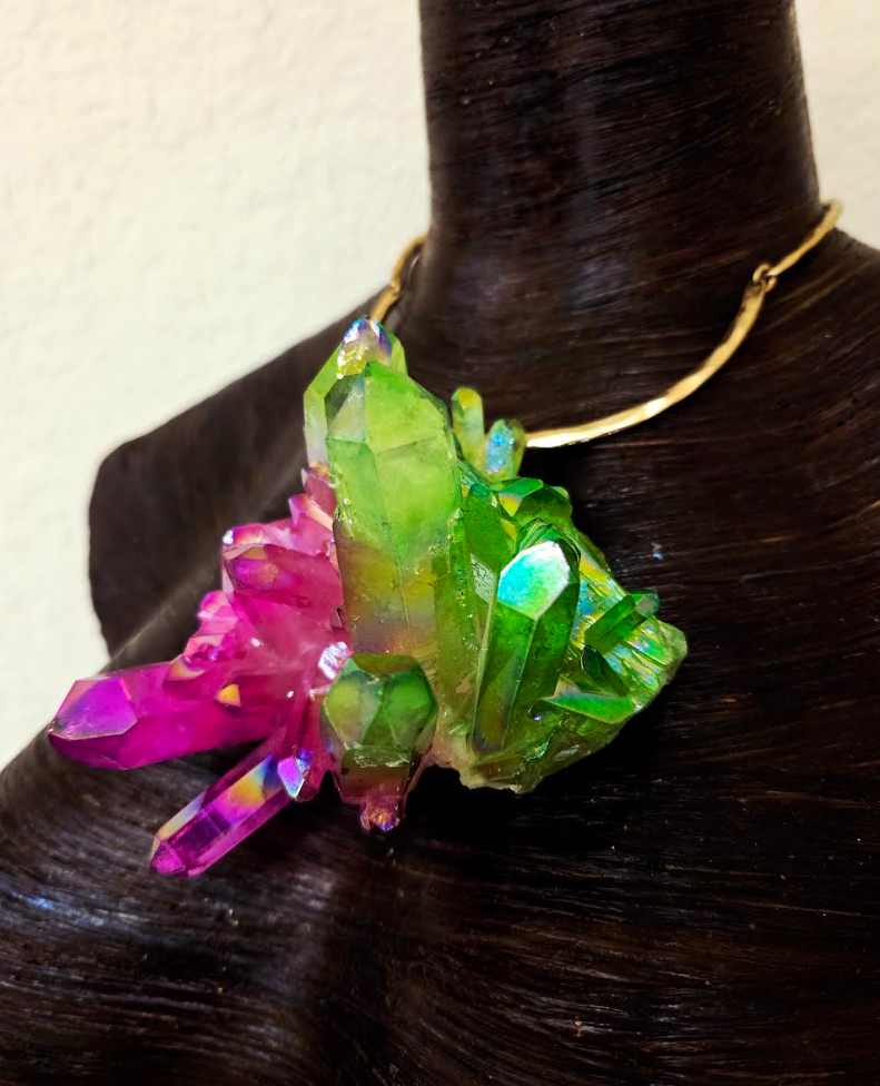 Fuchsia & Lime Green Rough Aura Quartz Pendant on a Hammered Gold Tone Torc