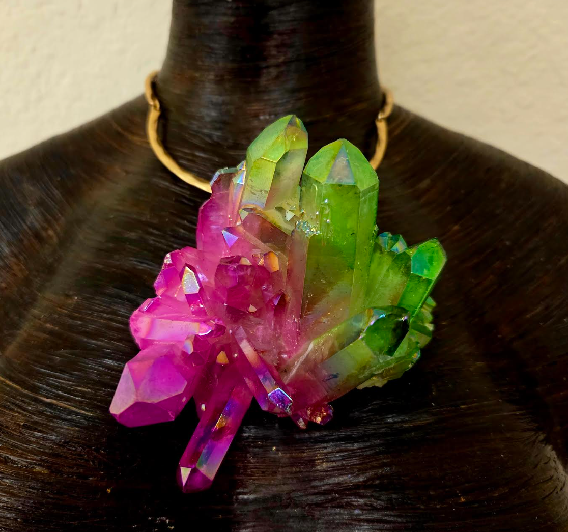 Fuchsia & Lime Green Rough Aura Quartz Pendant on a Hammered Gold Tone Torc