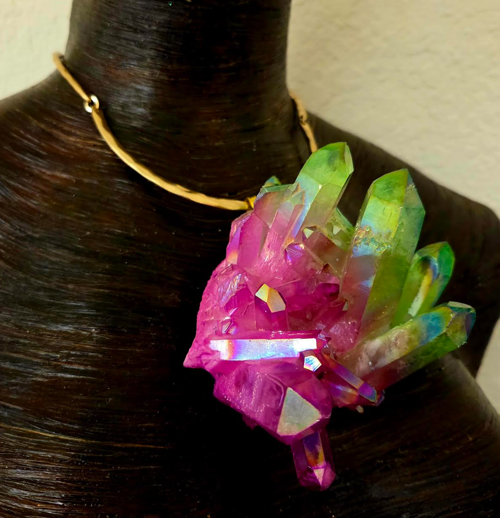 Fuchsia & Lime Green Rough Aura Quartz Pendant on a Hammered Gold Tone Torc
