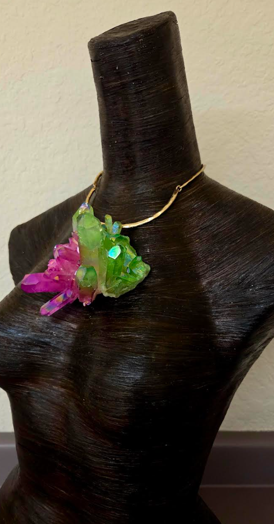 Fuchsia & Lime Green Rough Aura Quartz Pendant on a Hammered Gold Tone Torc