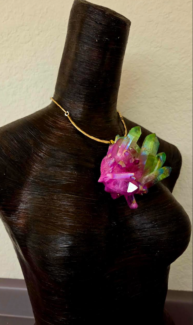 Fuchsia & Lime Green Rough Aura Quartz Pendant on a Hammered Gold Tone Torc