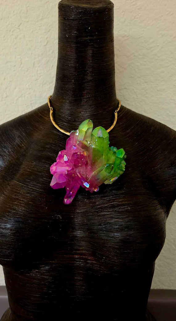 Fuchsia & Lime Green Rough Aura Quartz Pendant on a Hammered Gold Tone Torc