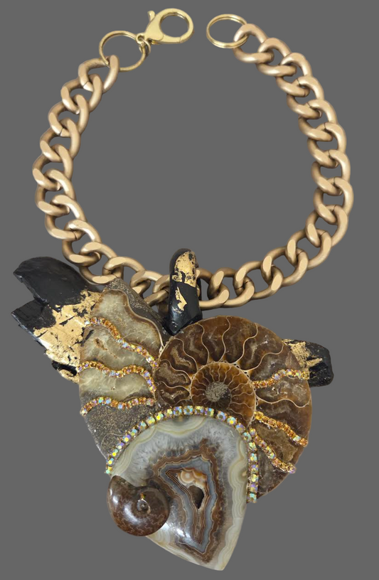 Ammonite, Gold Foil Driftwood & Druzy Agate Statement Pendant on a Bold Gold Tone Chain