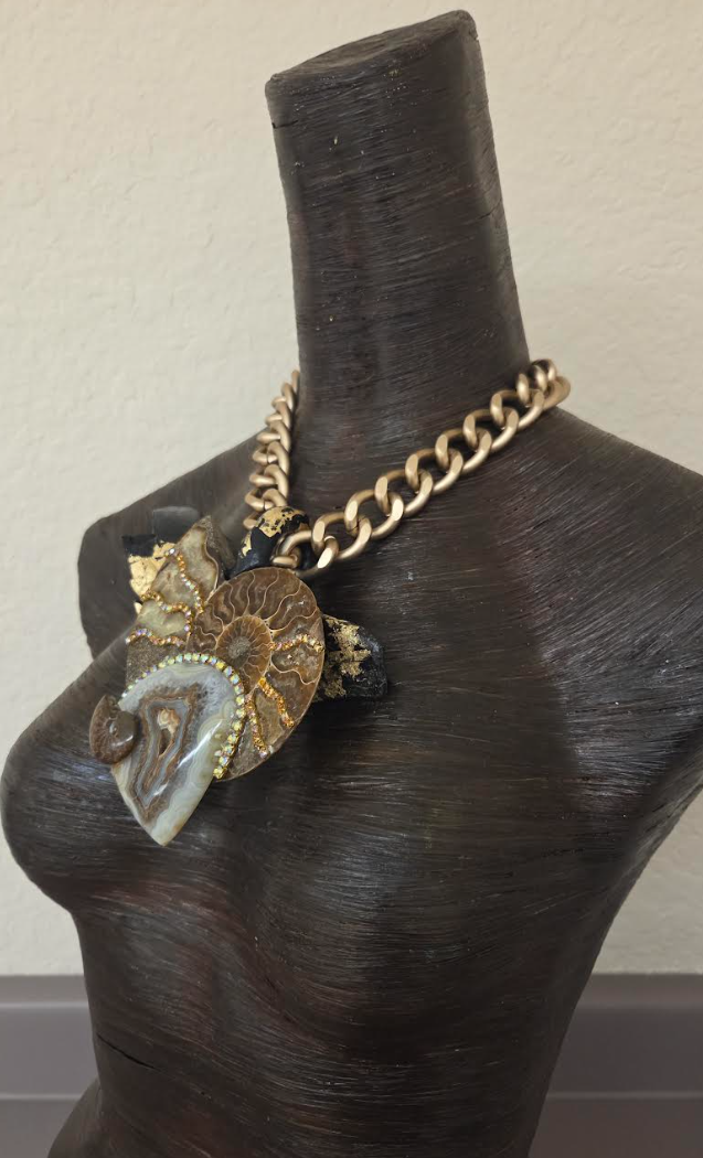 Ammonite, Gold Foil Driftwood & Druzy Agate Statement Pendant on a Bold Gold Tone Chain