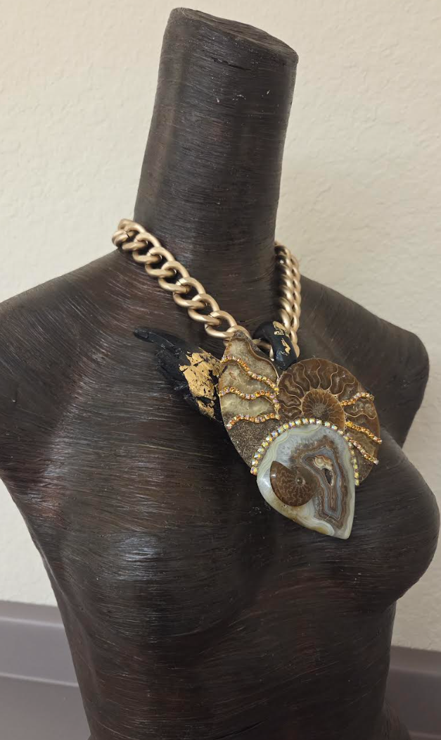 Ammonite, Gold Foil Driftwood & Druzy Agate Statement Pendant on a Bold Gold Tone Chain