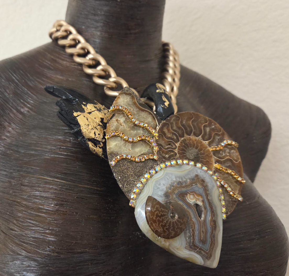 Ammonite, Gold Foil Driftwood & Druzy Agate Statement Pendant on a Bold Gold Tone Chain