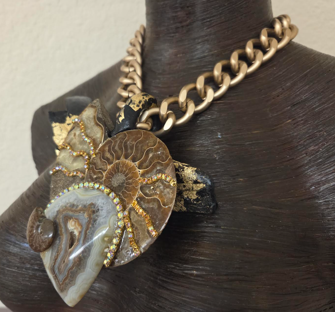Ammonite, Gold Foil Driftwood & Druzy Agate Statement Pendant on a Bold Gold Tone Chain