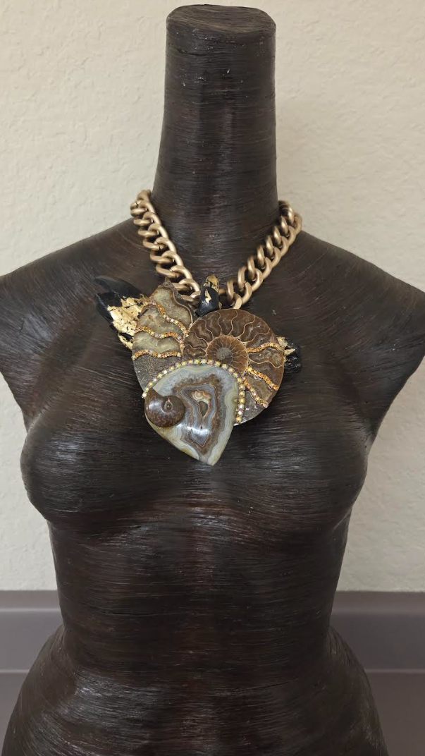 Ammonite, Gold Foil Driftwood & Druzy Agate Statement Pendant on a Bold Gold Tone Chain