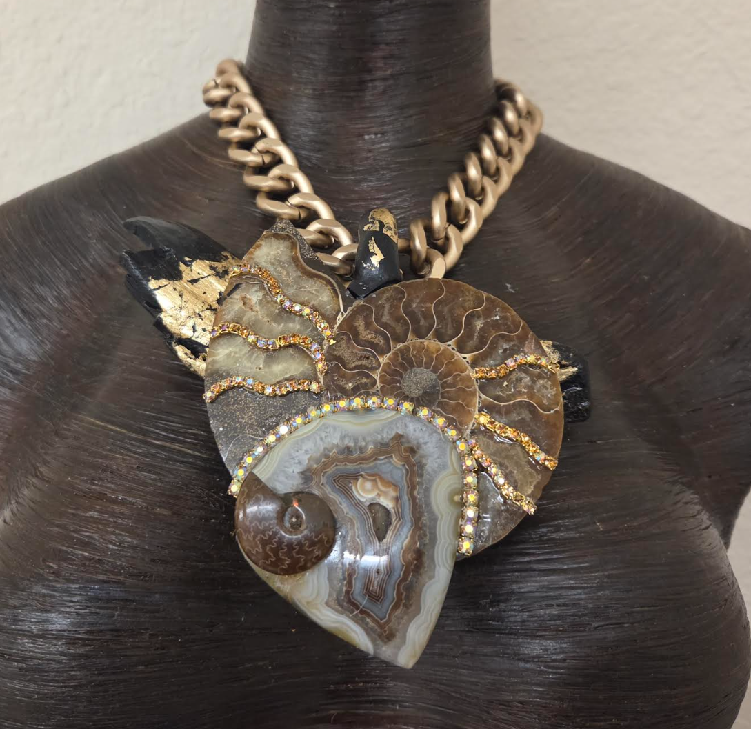 Ammonite, Gold Foil Driftwood & Druzy Agate Statement Pendant on a Bold Gold Tone Chain