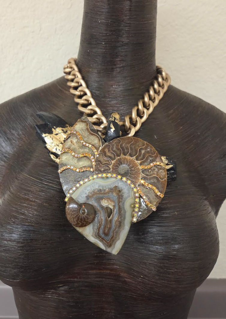 Ammonite, Gold Foil Driftwood & Druzy Agate Statement Pendant on a Bold Gold Tone Chain