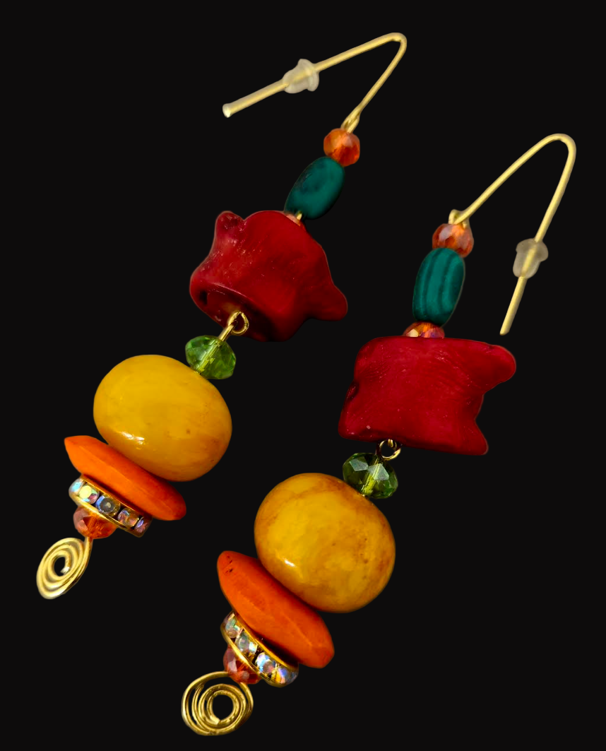 Colorful Exotic Beaded Dangle Pierced Earrings - Tropical Vacation Ear Candy