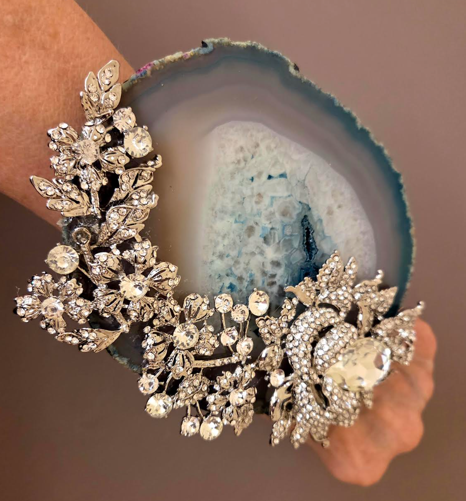 Teal Agate & Rhinestone Massive Statement Cuff - OOAK Bling Bling