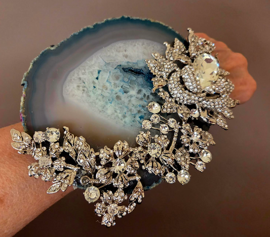 Teal Agate & Rhinestone Massive Statement Cuff - OOAK Bling Bling