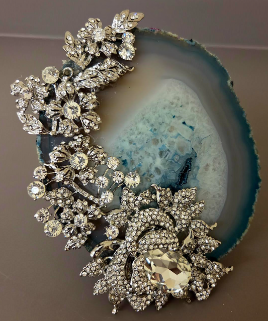 Teal Agate & Rhinestone Massive Statement Cuff - OOAK Bling Bling