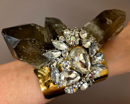 Smoky Quartz Rhinestone Brass Cuff - Luxury Glamour