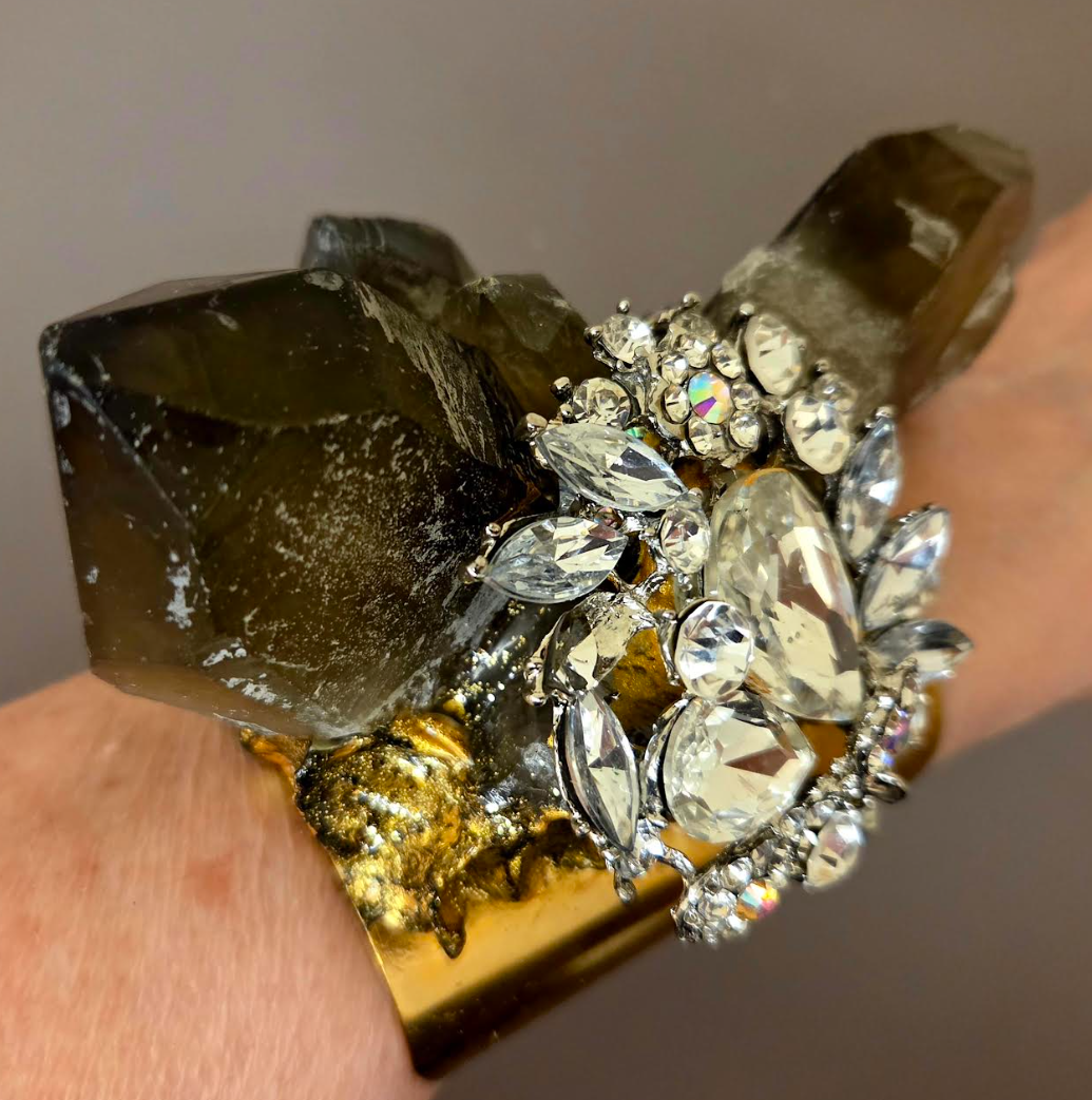 Smoky Quartz Rhinestone Brass Cuff - Luxury Glamour