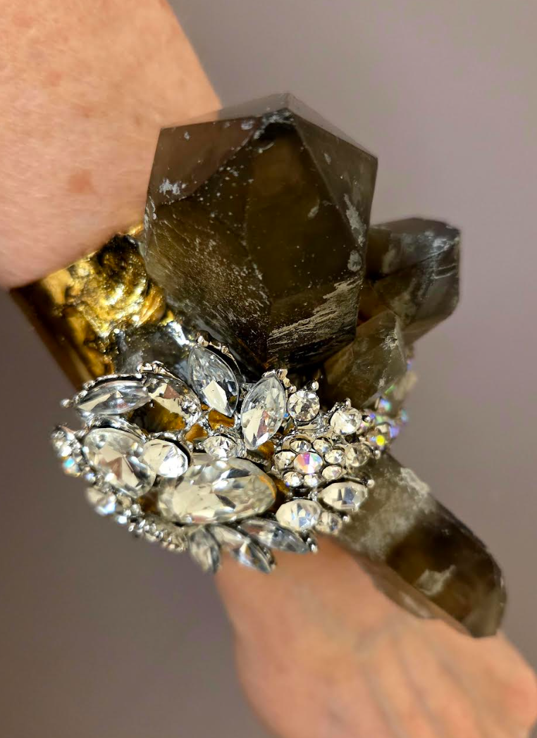 Smoky Quartz Rhinestone Brass Cuff - Luxury Glamour