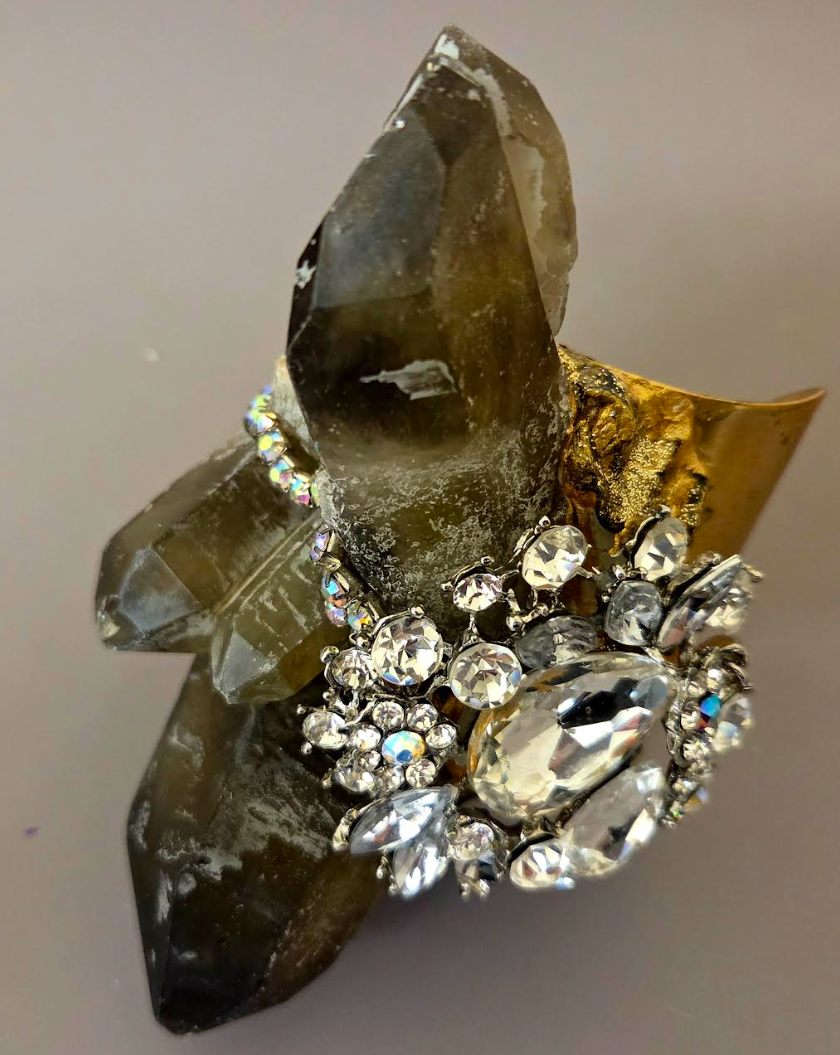 Smoky Quartz Rhinestone Brass Cuff - Luxury Glamour
