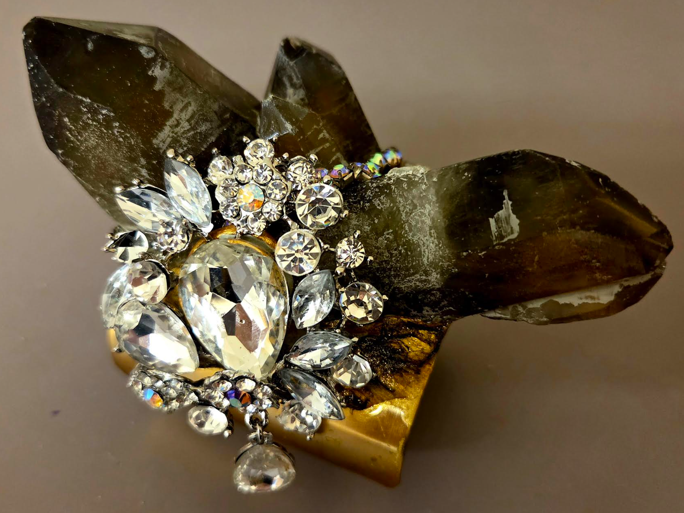 Smoky Quartz Rhinestone Brass Cuff - Luxury Glamour