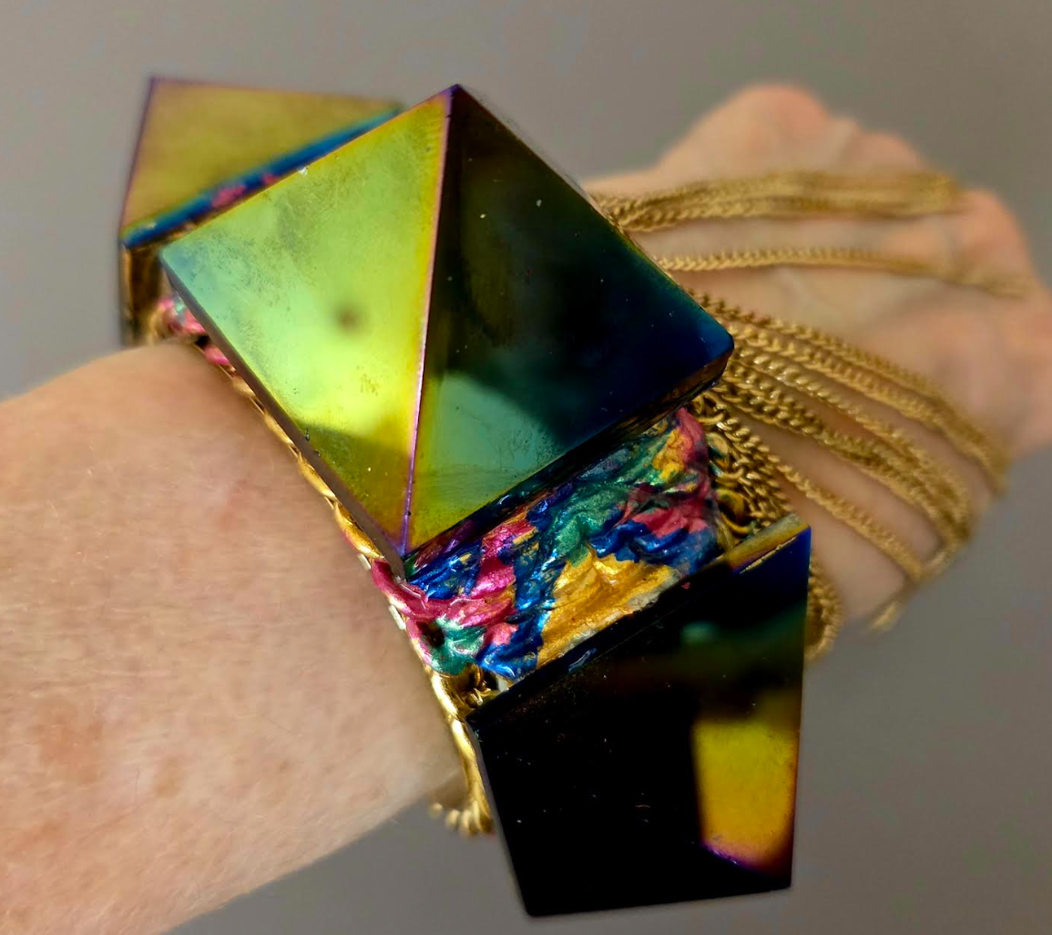 Rainbow Titanium Pyramid Statement Cuff - Chain Fringe