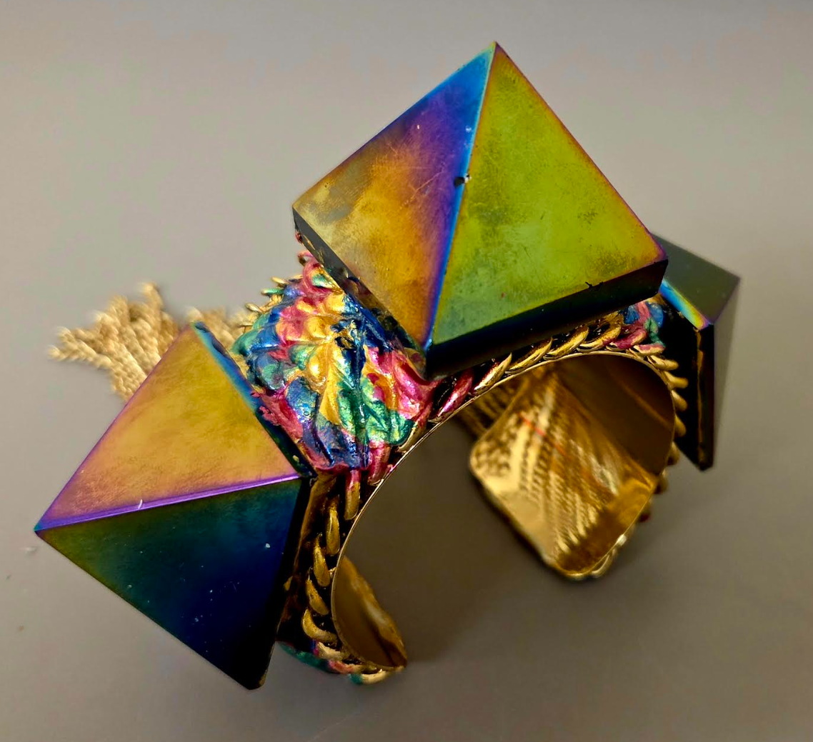 Rainbow Titanium Pyramid Statement Cuff - Chain Fringe
