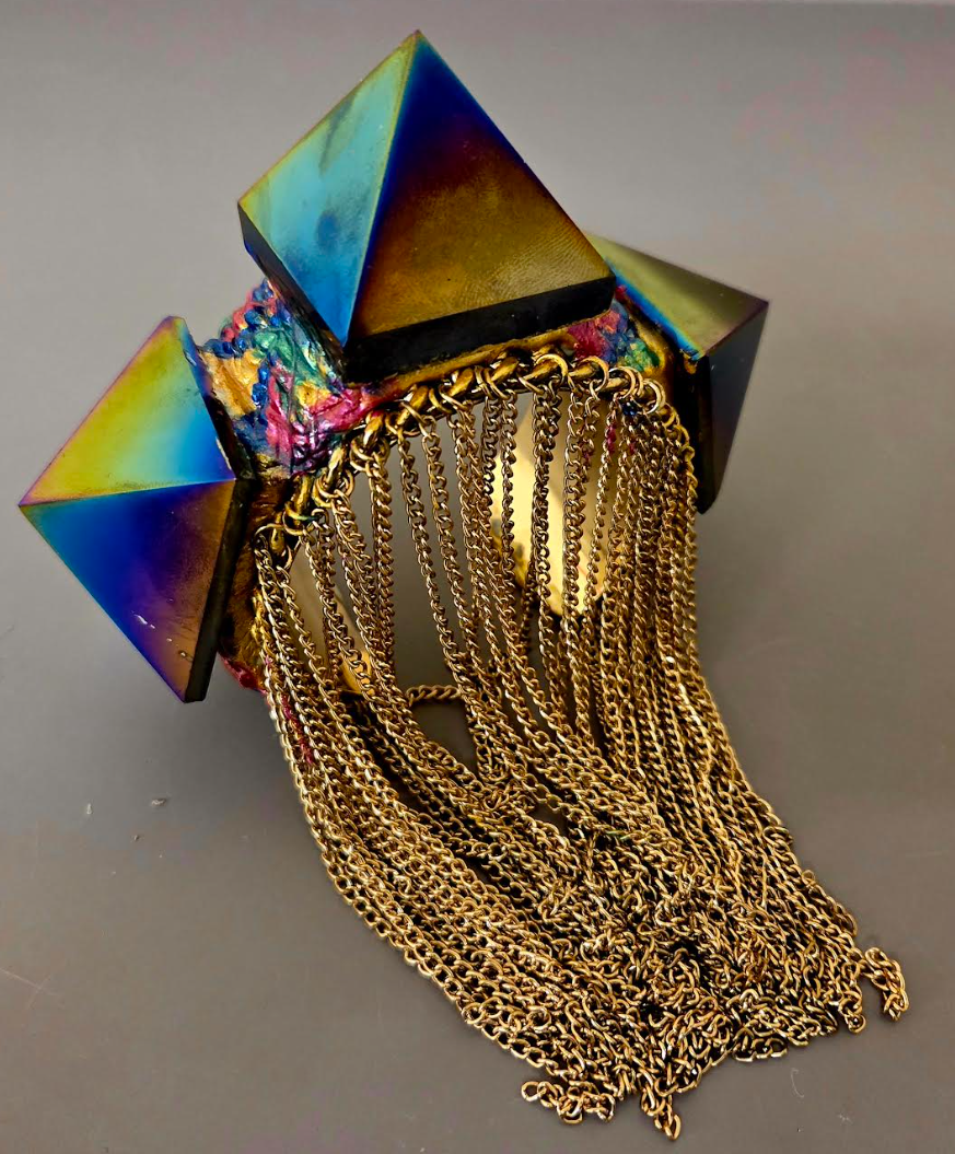 Rainbow Titanium Pyramid Statement Cuff - Chain Fringe