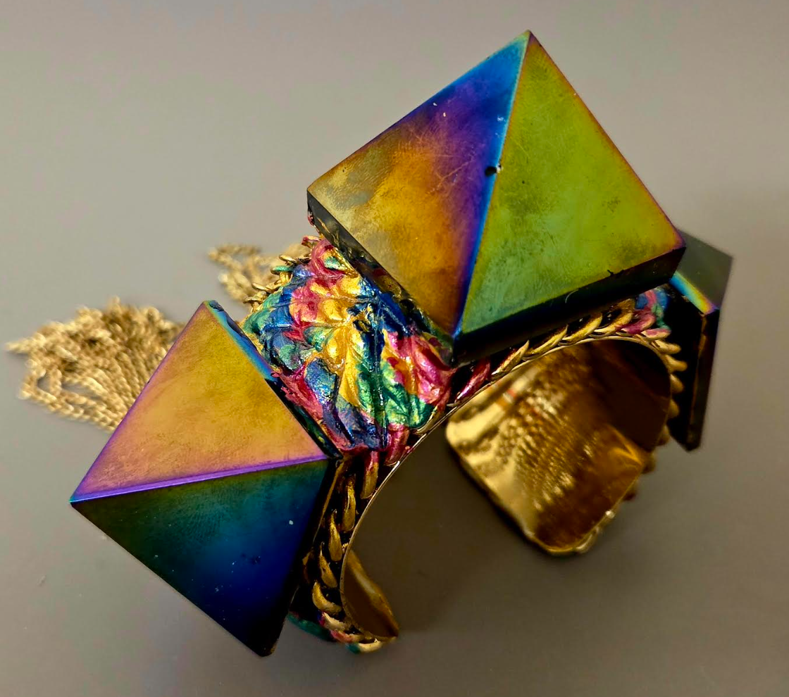 Rainbow Titanium Pyramid Statement Cuff - Chain Fringe