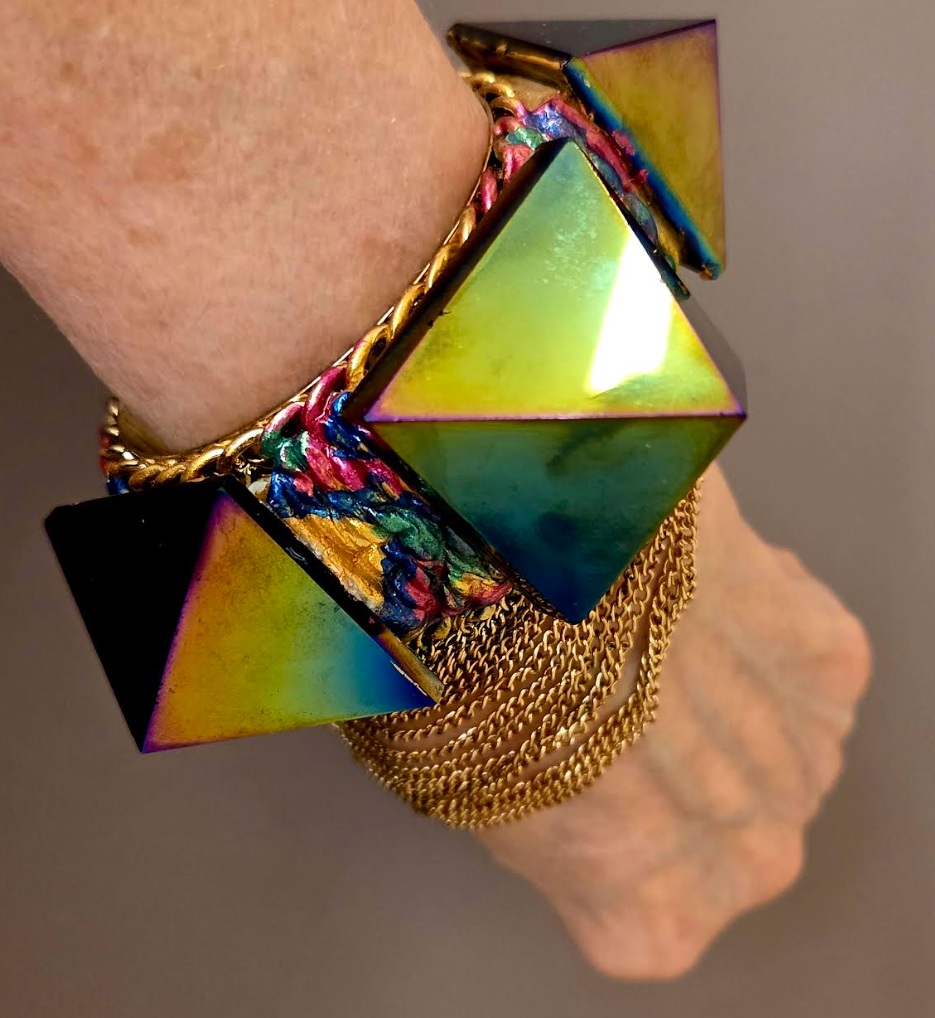 Rainbow Titanium Pyramid Statement Cuff - Chain Fringe