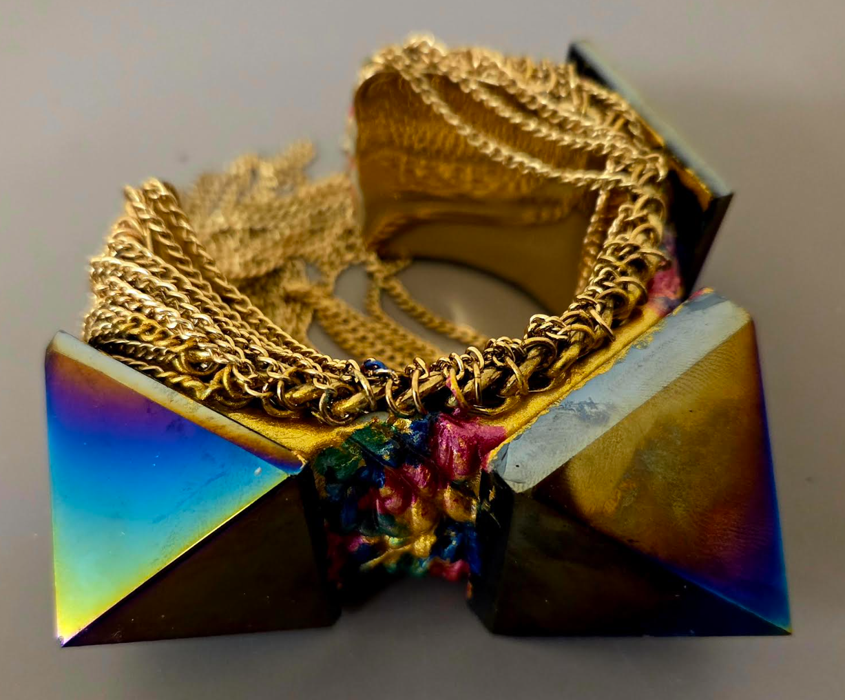 Rainbow Titanium Pyramid Statement Cuff - Chain Fringe
