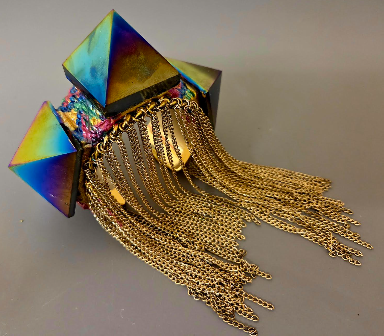Rainbow Titanium Pyramid Statement Cuff - Chain Fringe