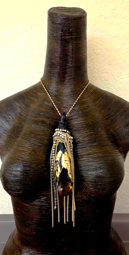 Avant Garde Driftwood Pendant - Rhinestone Chain Fringe