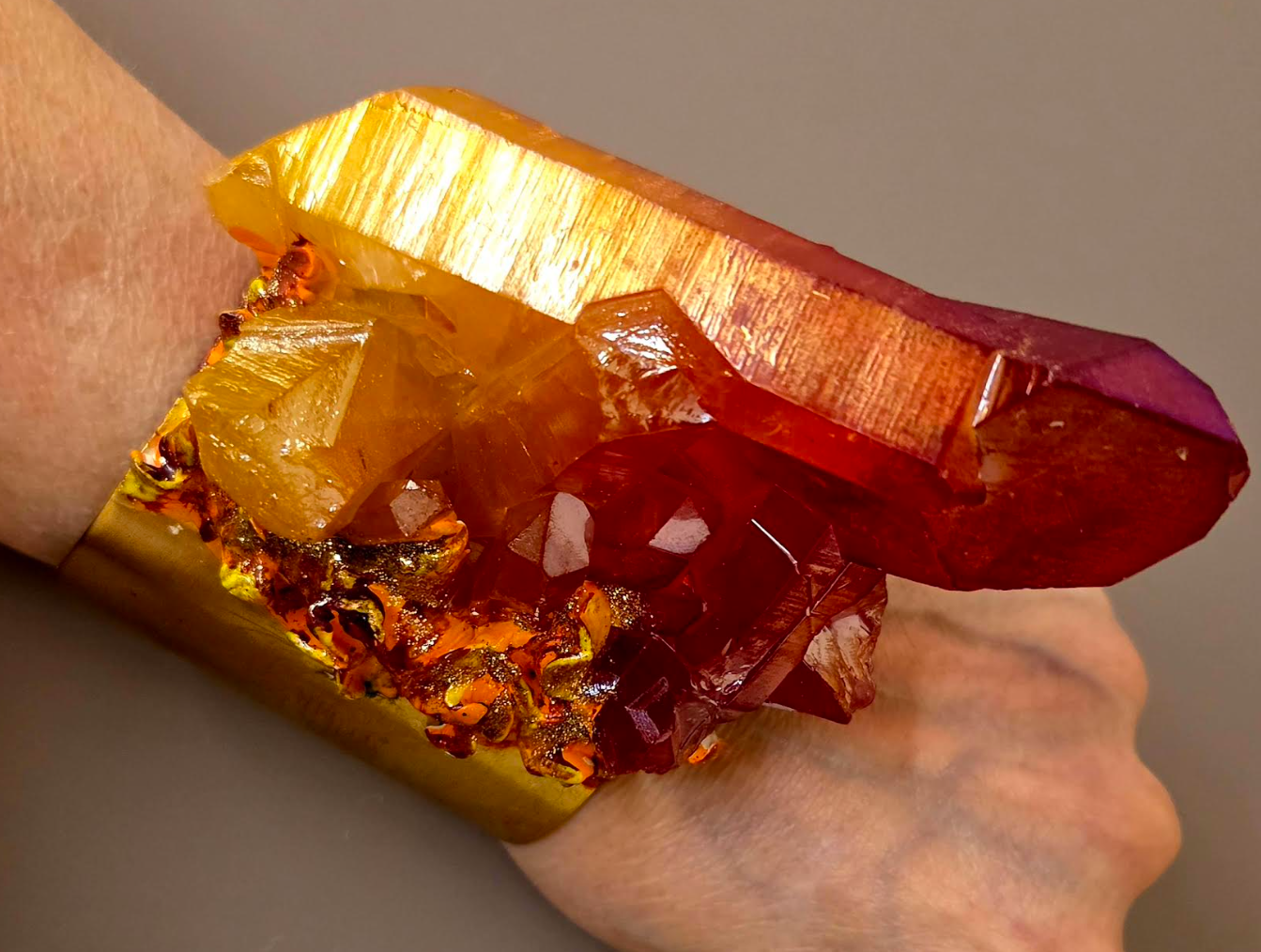 Red Orange Aura Quartz Statement Cuff - High End Luxury