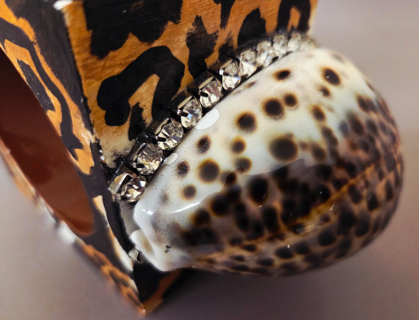Cowrie Shell Leopard Wood Cuff - Iris Apfel Inspired