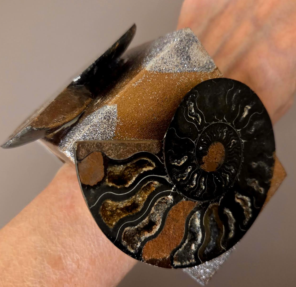 Bold Oversized Wood Statement Cuff With Prehistoric Ammonite Fossils