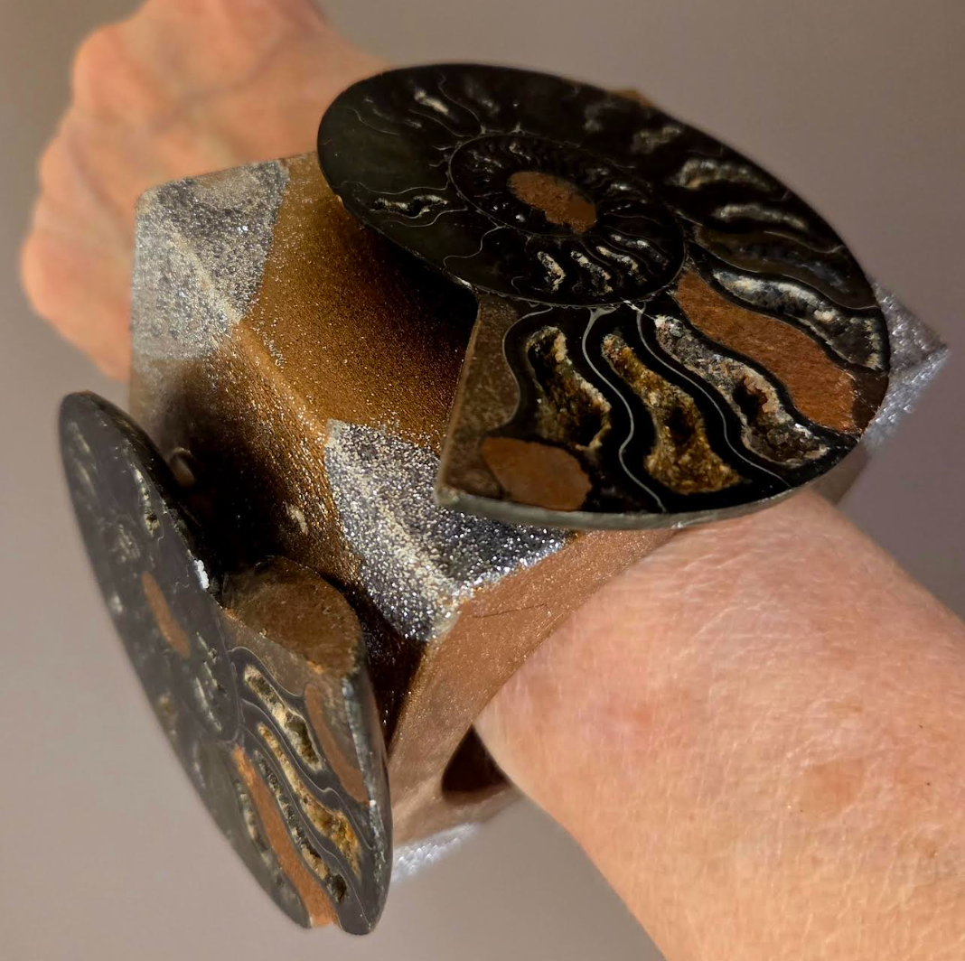 Bold Oversized Wood Statement Cuff With Prehistoric Ammonite Fossils