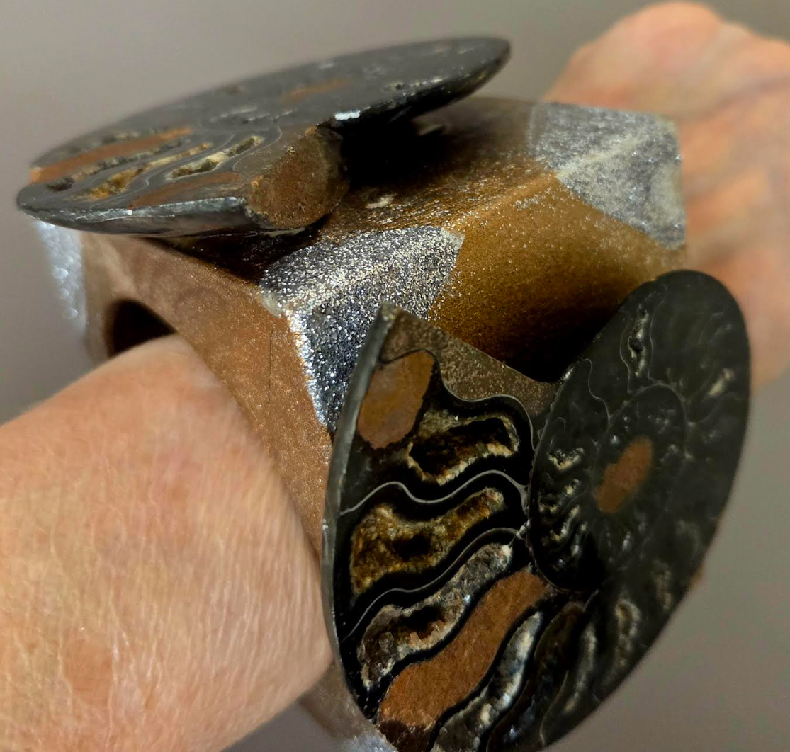 Bold Oversized Wood Statement Cuff With Prehistoric Ammonite Fossils