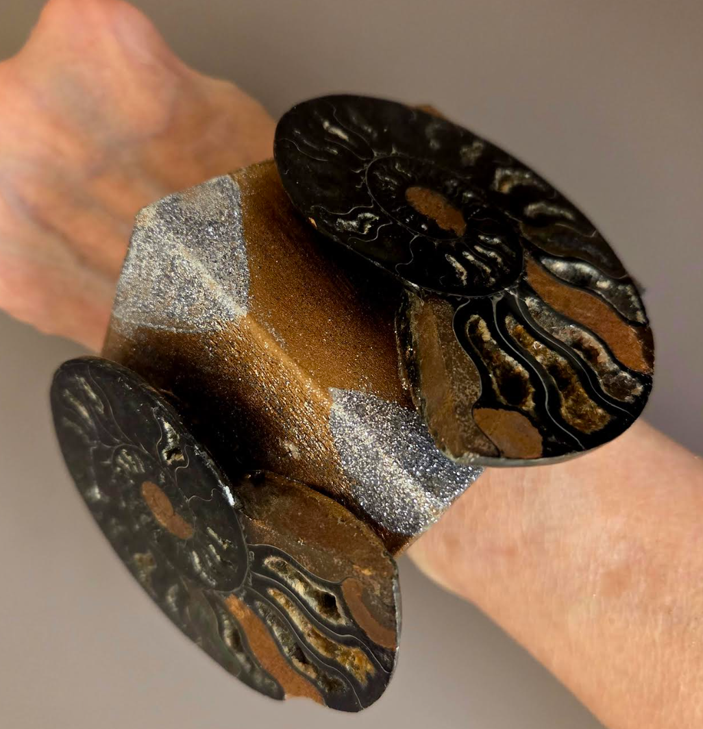 Bold Oversized Wood Statement Cuff With Prehistoric Ammonite Fossils