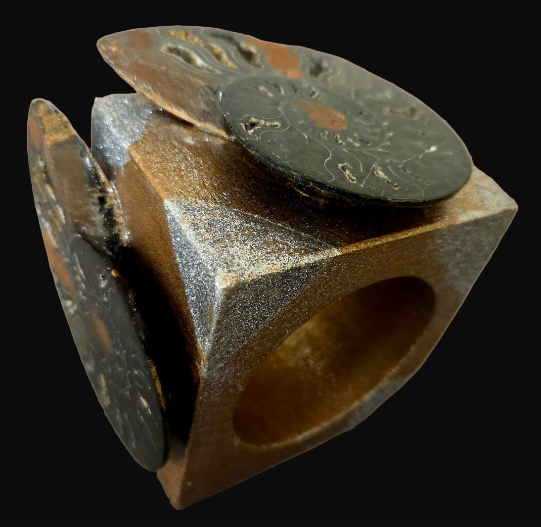 Bold Oversized Wood Statement Cuff With Prehistoric Ammonite Fossils