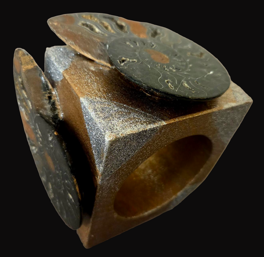 Bold Wood Cuff - Ammonite Fossils Sculptural Statement