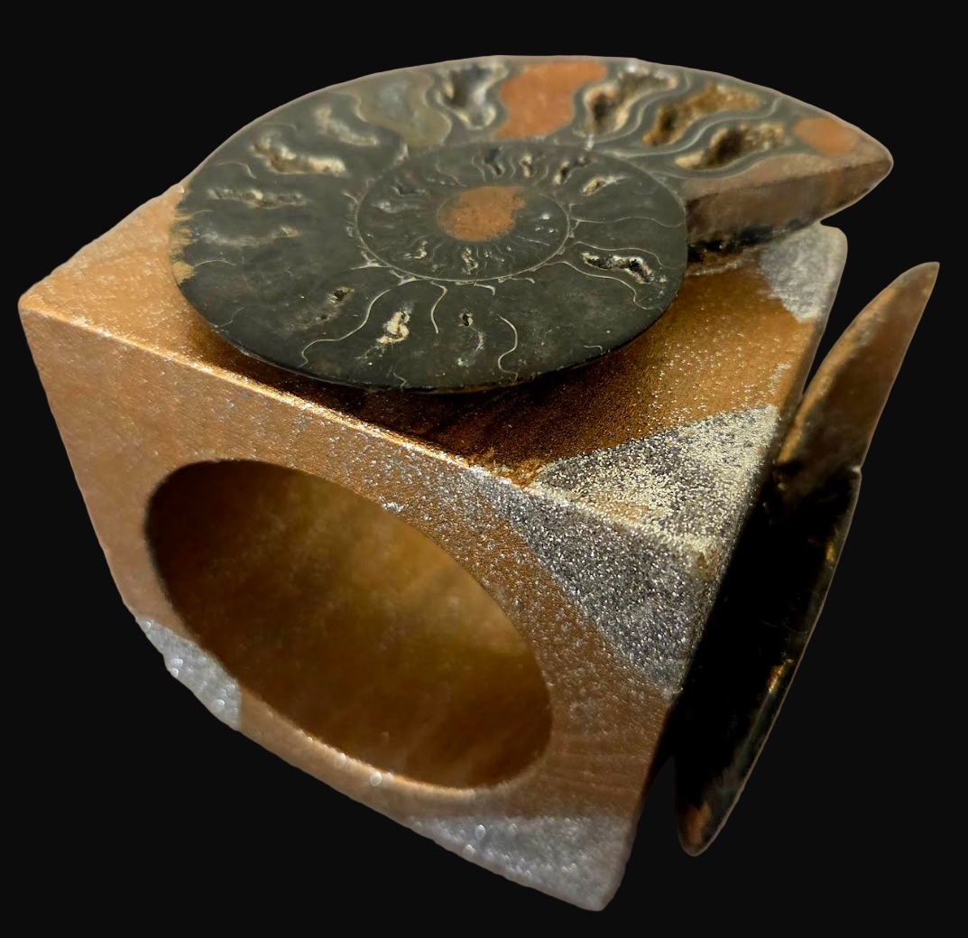 Bold Oversized Wood Statement Cuff With Prehistoric Ammonite Fossils
