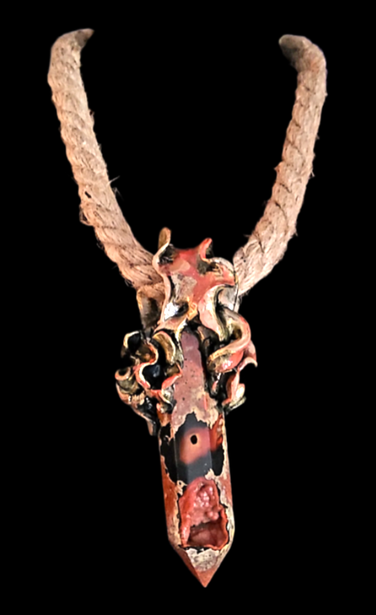 Rustic Druzy Agate Tower Pendant - Hemp Rope Talisman