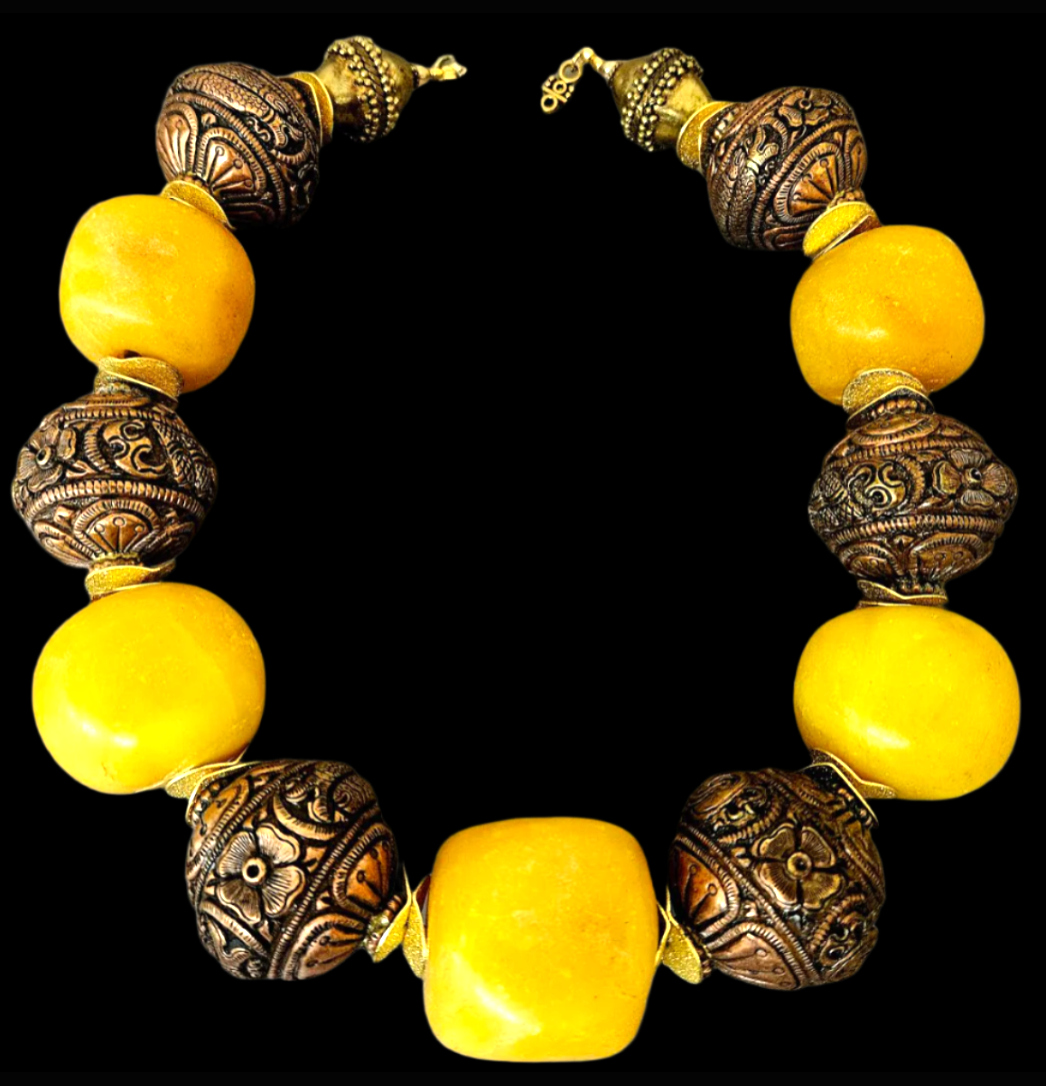 Copal Amber & Tibetan Copper Repousse Luxury Necklace