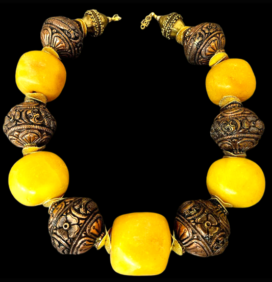Copal Amber & Tibetan Copper Repousse Luxury Necklace