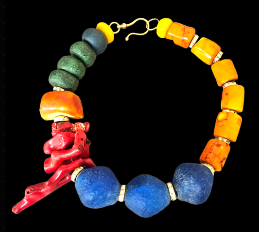 Coral & Glass Beaded Oversized Choker - Chunky Bold Dramatic
