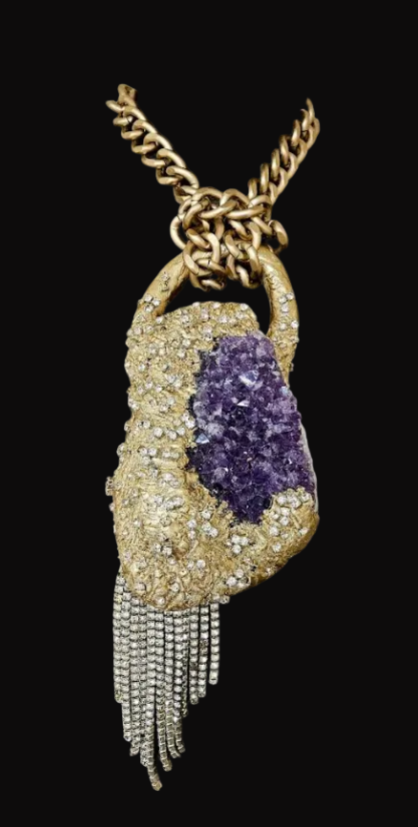 Rough Amethyst Rhinestone Encrusted Sculpted Pendant