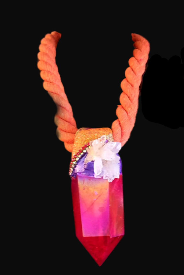 Red Aura Quartz Sculpted Tower Pendant On An Orange Rope