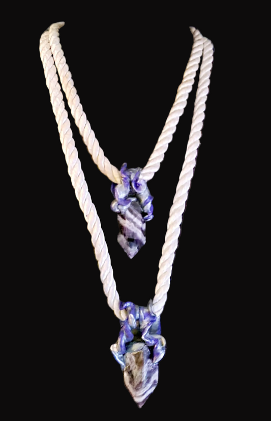 Two Chevron Amethyst Points Sculpted Silk Rope Necklace