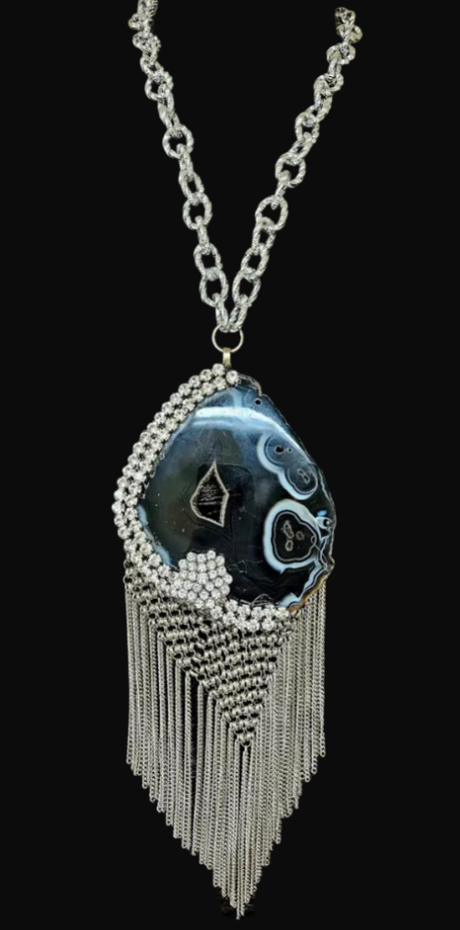 Black & White Agate Rhinestone Oversized Statement Pendant - Chainmail